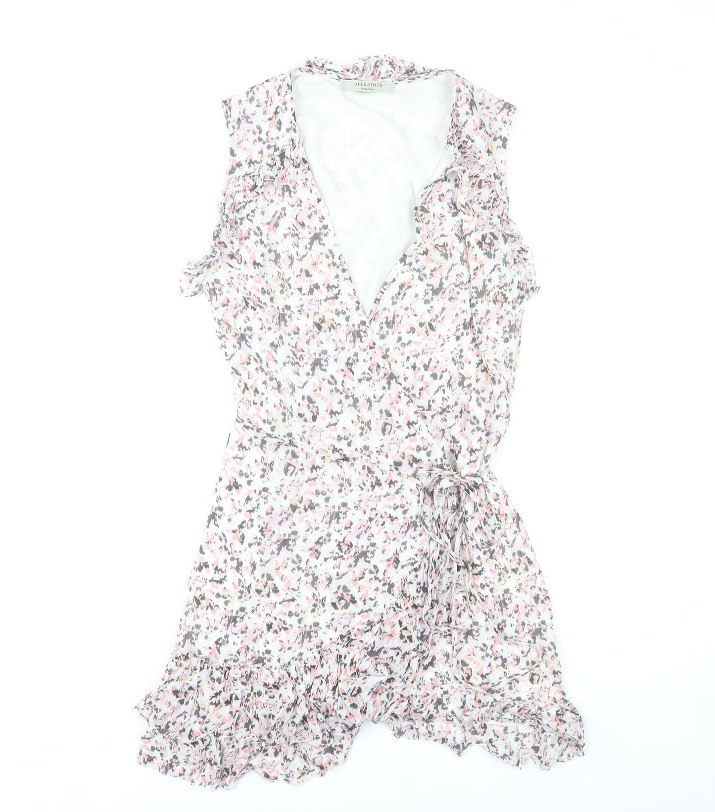 AllSaints Women’s Multicoloured XS Floral Wrap Dress Sleeveless Ruffle