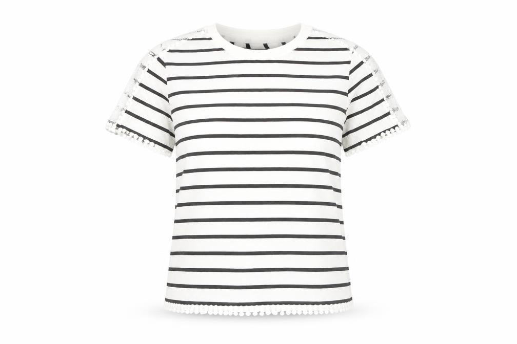 Topshop Women’s White Striped Crochet Trim T-Shirt Size 8