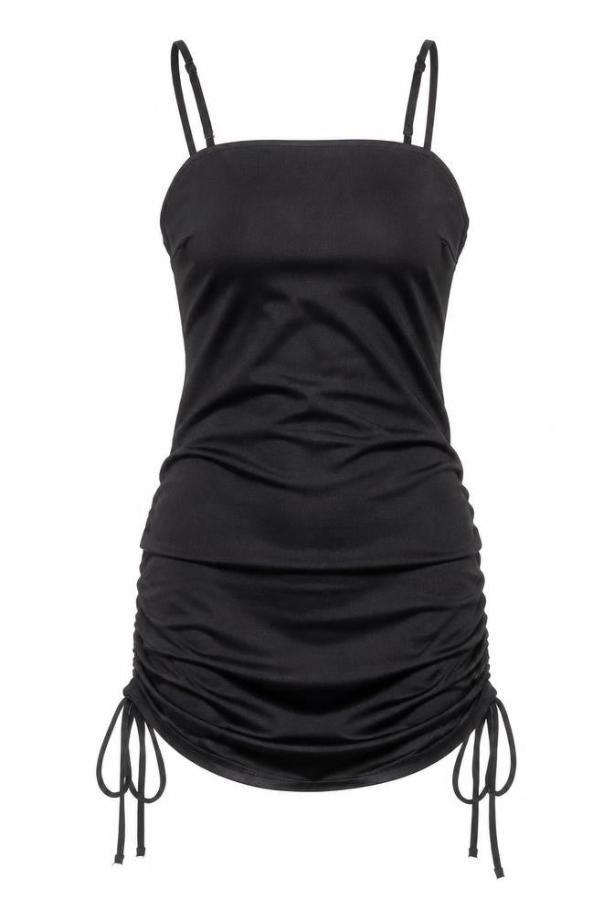 Saint Genies Women’s Black Mini Bodycon Dress Size 6 Ruched Strappy