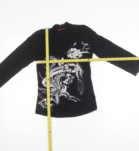 Firetrap Womens Black Floral Long Sleeve V-Neck T-Shirt Size S