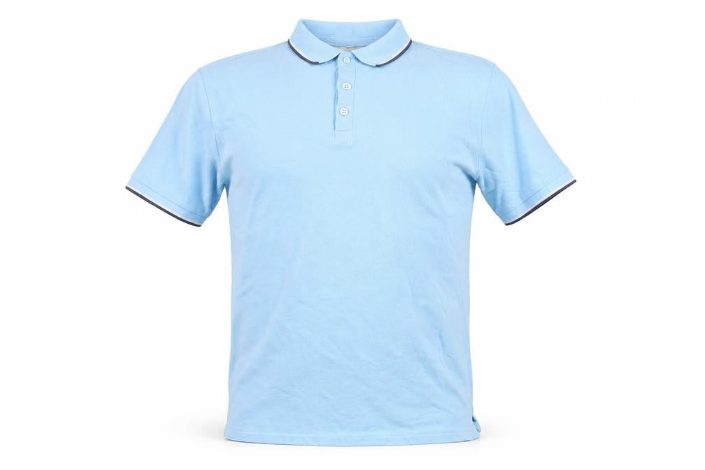 Front view of Kangaroo Poo men’s blue polo shirt, size M, short sleeve cotton