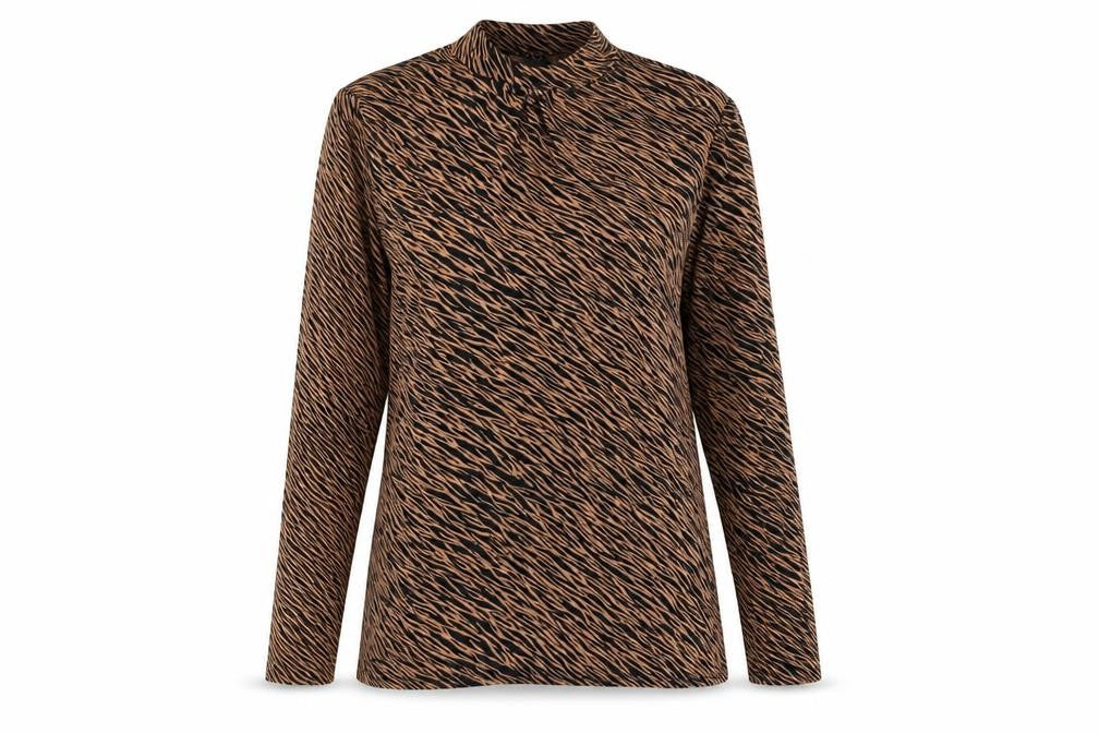 Oasis Women Brown Animal Print Viscose Tunic Blouse M Long Sleeve