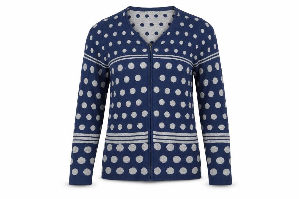 Micha Women’s Blue Polka Dot V-Neck Full Zip Cardigan Size S
