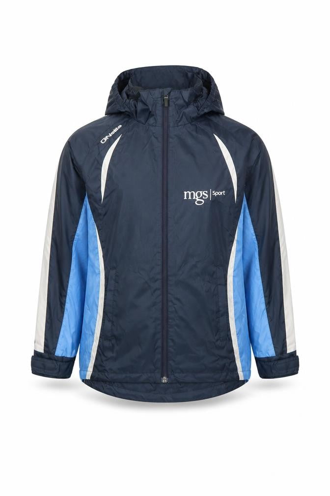 Front view of O'Neill boys’ blue hooded windbreaker jacket age 9-10 years sports zip