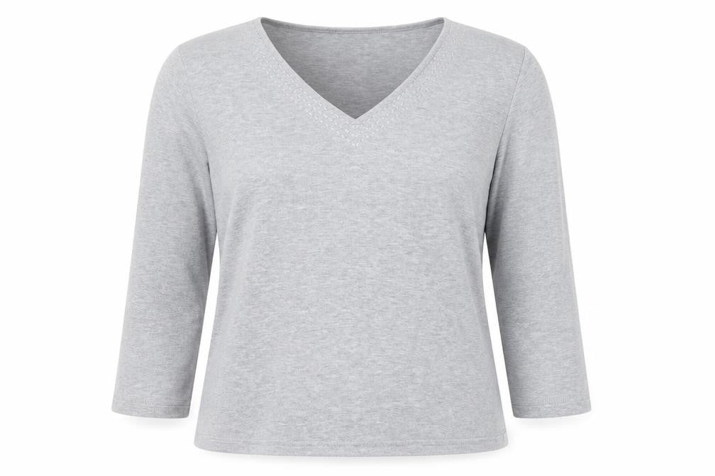 Country Casuals Women’s Grey V-Neck 3/4 Sleeve Cotton Stretch Top L