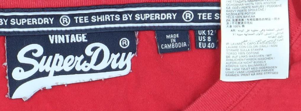 Superdry Womens Red Cotton Crew Neck Logo T-Shirt Size 12