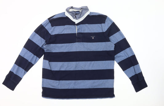 Gant Men’s Blue Striped 2XL Long Sleeve Cotton Polo Rugby Shirt