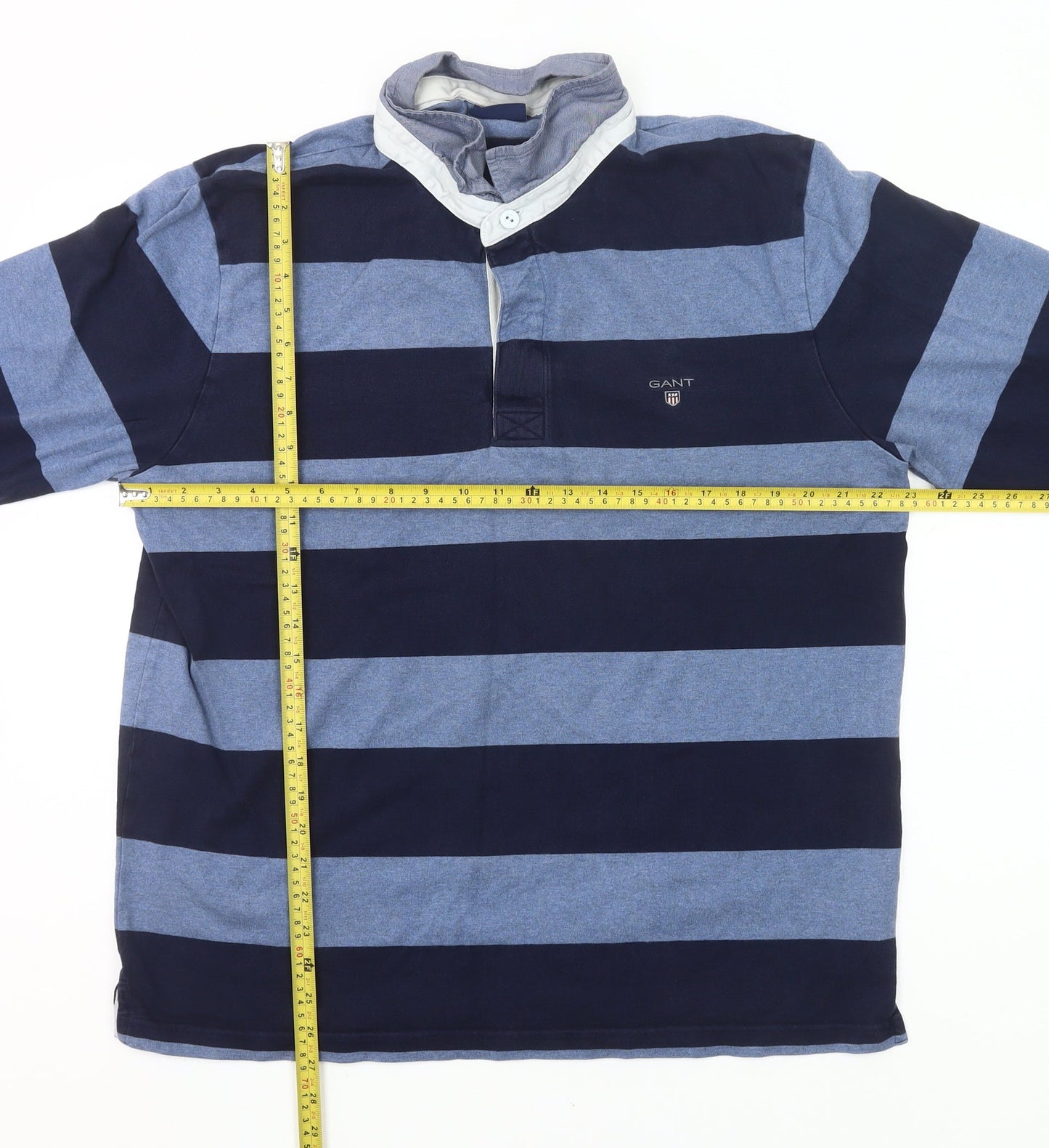 Gant Men’s Blue Striped 2XL Long Sleeve Cotton Polo Rugby Shirt
