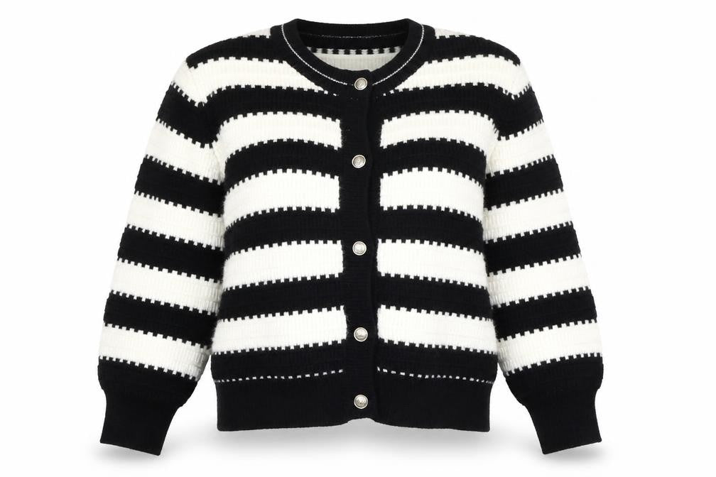 Gallery Womens Black White Striped Knit Cardigan L UK Crew Neck