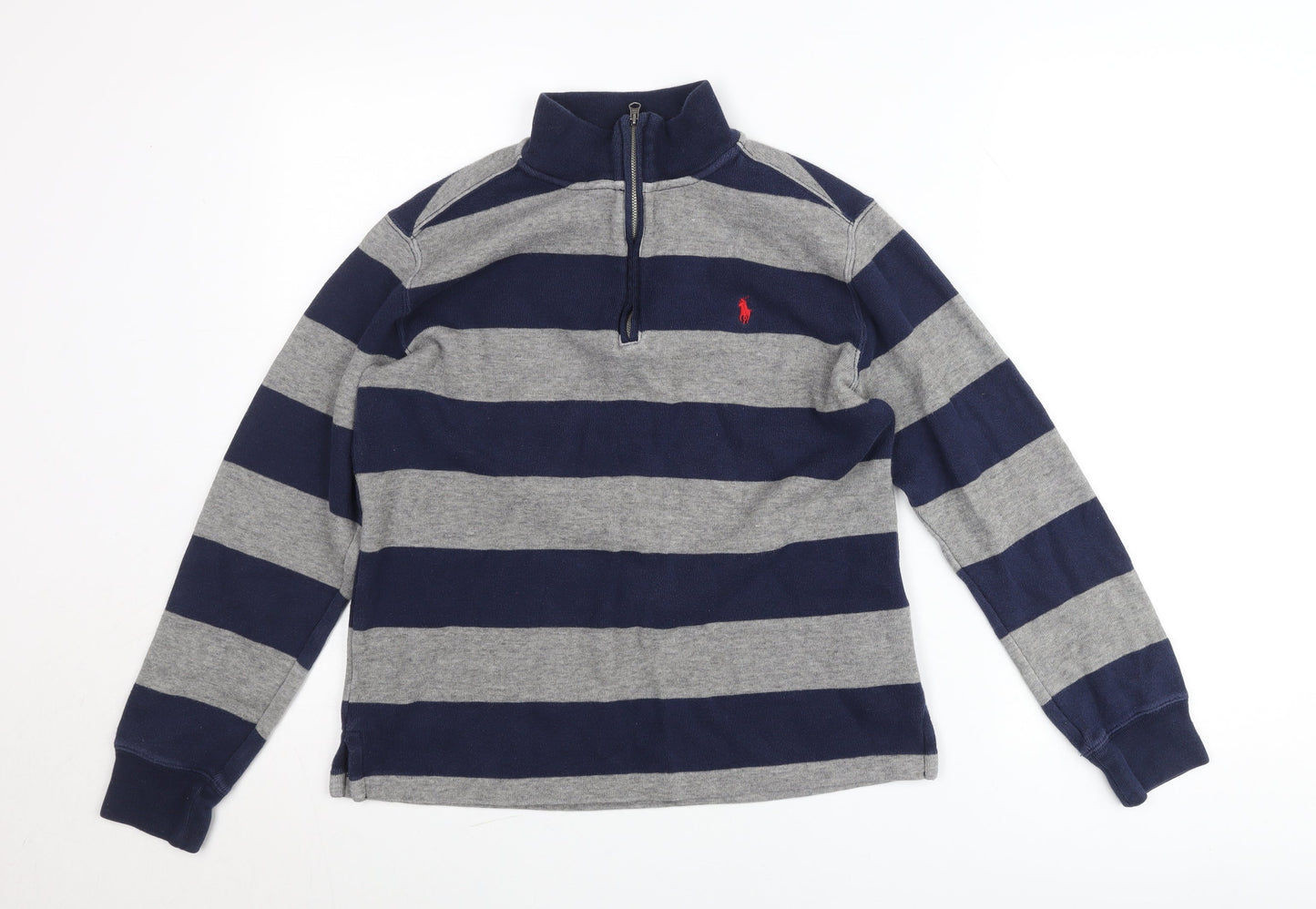 Ralph Lauren Teens Blue Grey Striped Cotton 1/4 Zip Jumper L