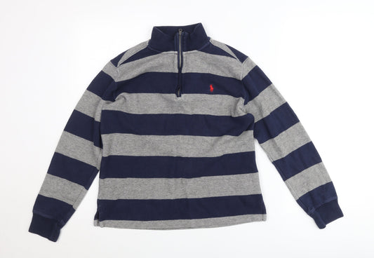 Ralph Lauren Teens Blue Grey Striped Cotton 1/4 Zip Jumper L
