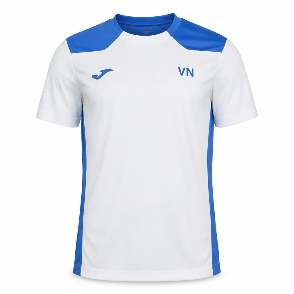 Front view of Joma boys’ white blue sports t-shirt 12 years badminton academy activewear