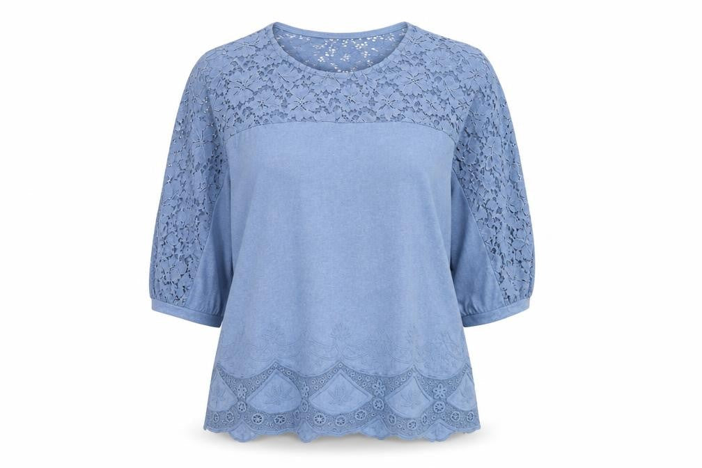 Amaya Women’s Blue Lace Tunic Blouse M Short Sleeve Casual Top