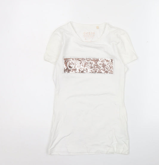 Guess Womens White XS Slim Fit Sequin Logo T-Shirt