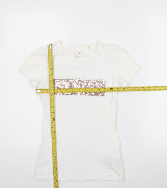 Guess Womens White XS Slim Fit Sequin Logo T-Shirt