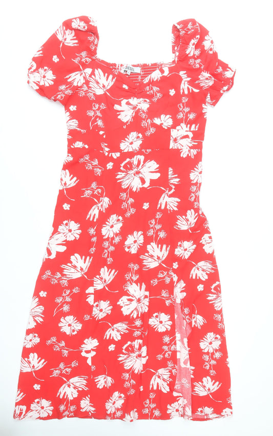 Diesel Women Red Floral Midi Dress XL A-Line Puff Sleeve Summer