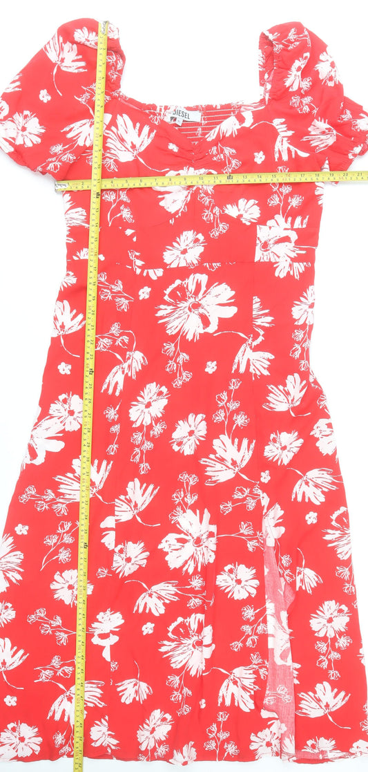 Diesel Women Red Floral Midi Dress XL A-Line Puff Sleeve Summer