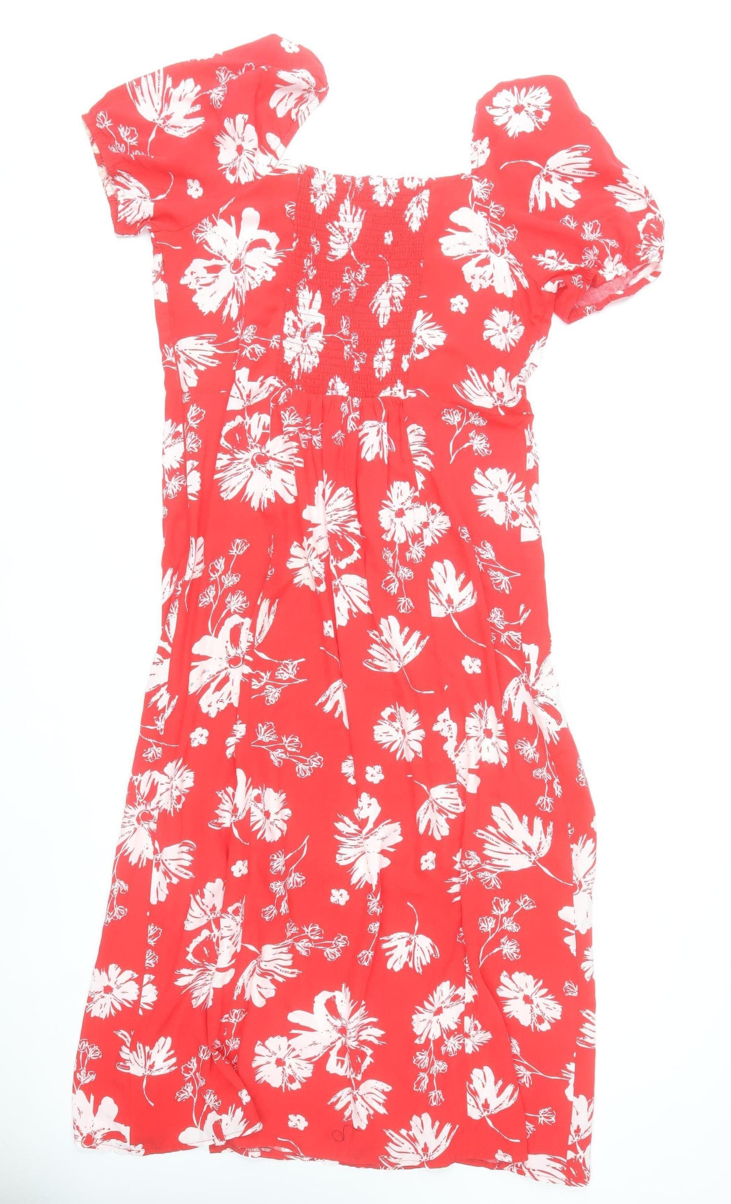 Diesel Women Red Floral Midi Dress XL A-Line Puff Sleeve Summer