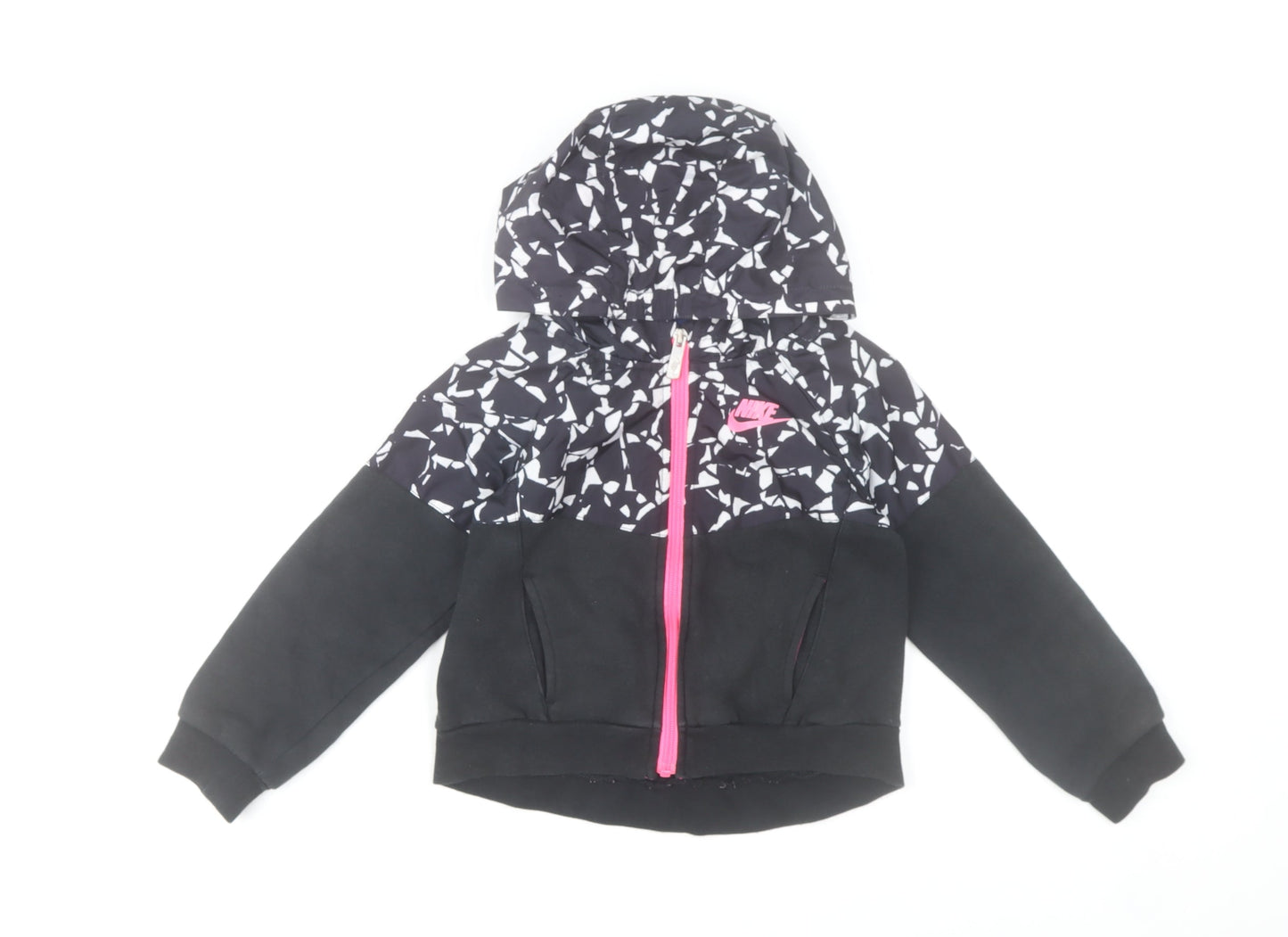 Nike Girls Black Geometric Puffer Jacket 6-7 Years Hooded Zip Coat