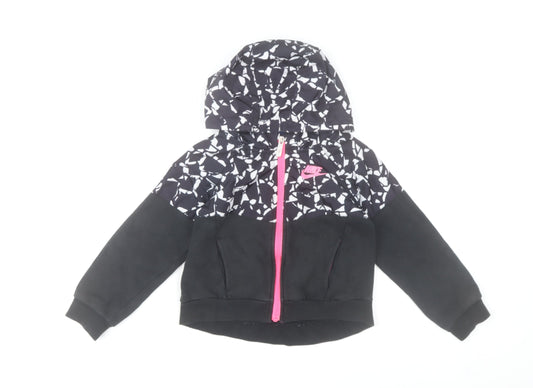 Nike Girls Black Geometric Puffer Jacket 6-7 Years Hooded Zip Coat