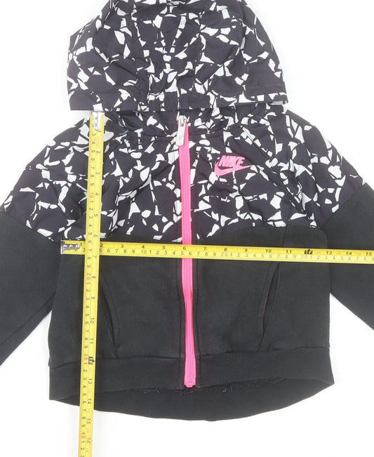Nike Girls Black Geometric Puffer Jacket 6-7 Years Hooded Zip Coat