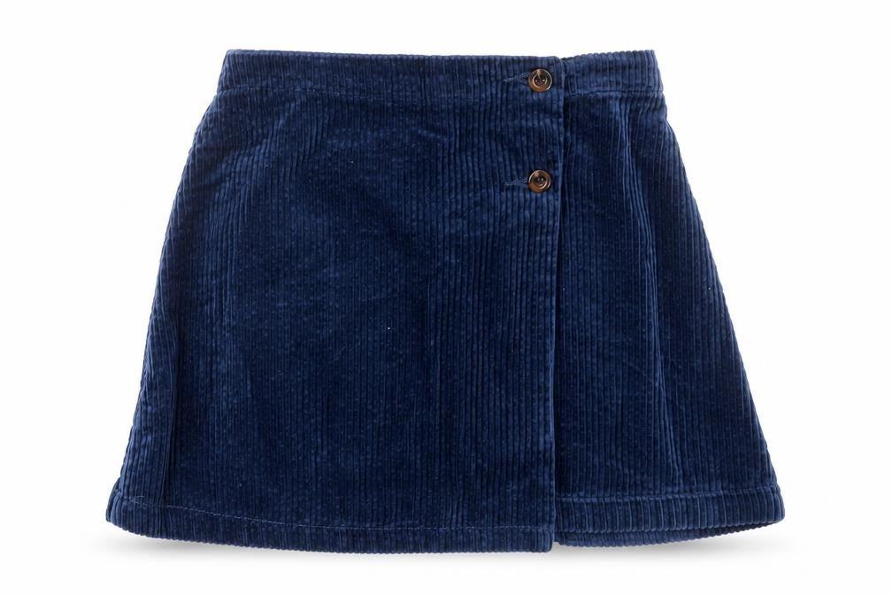Front view of Dunnes girls’ blue corduroy a-line skirt 7-8 years button detail
