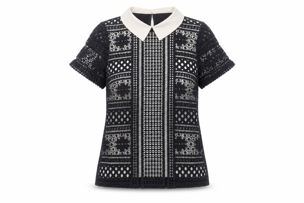 Oasis Women’s Black Collared Lace Blouse Size 8 Short Sleeve