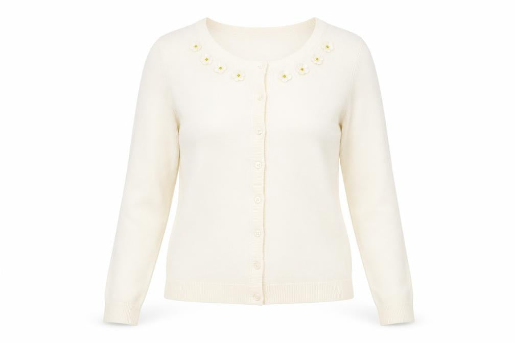 Dickins & Jones Women’s Ivory Cardigan S Crew Neck Beaded Floral