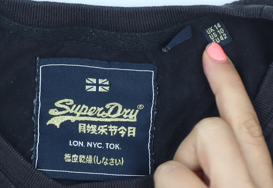 Superdry Womens Black Sequin Logo T-Shirt Size 14 Short Sleeve