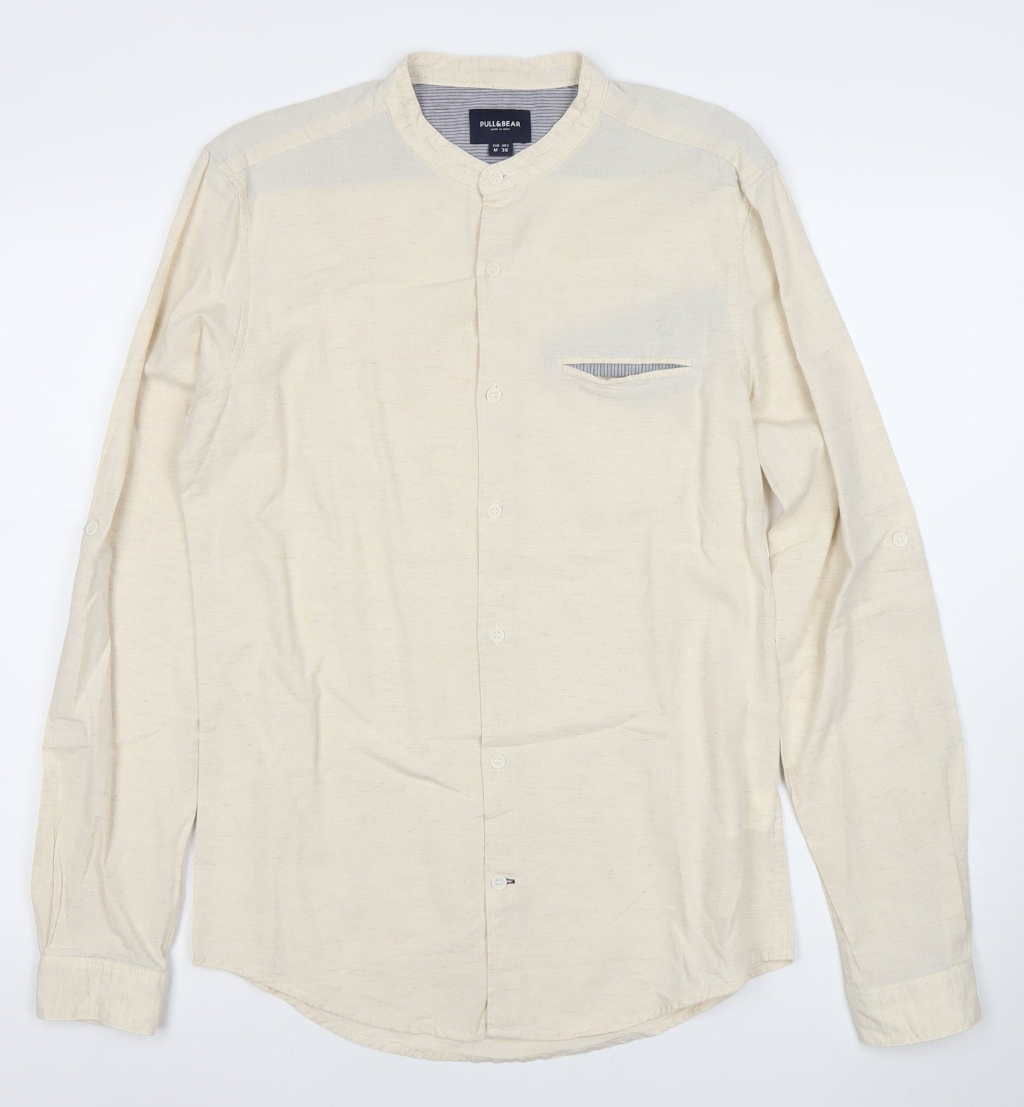 Pull&Bear Men’s Beige Band Collar Long Sleeve Cotton Linen Shirt M 38