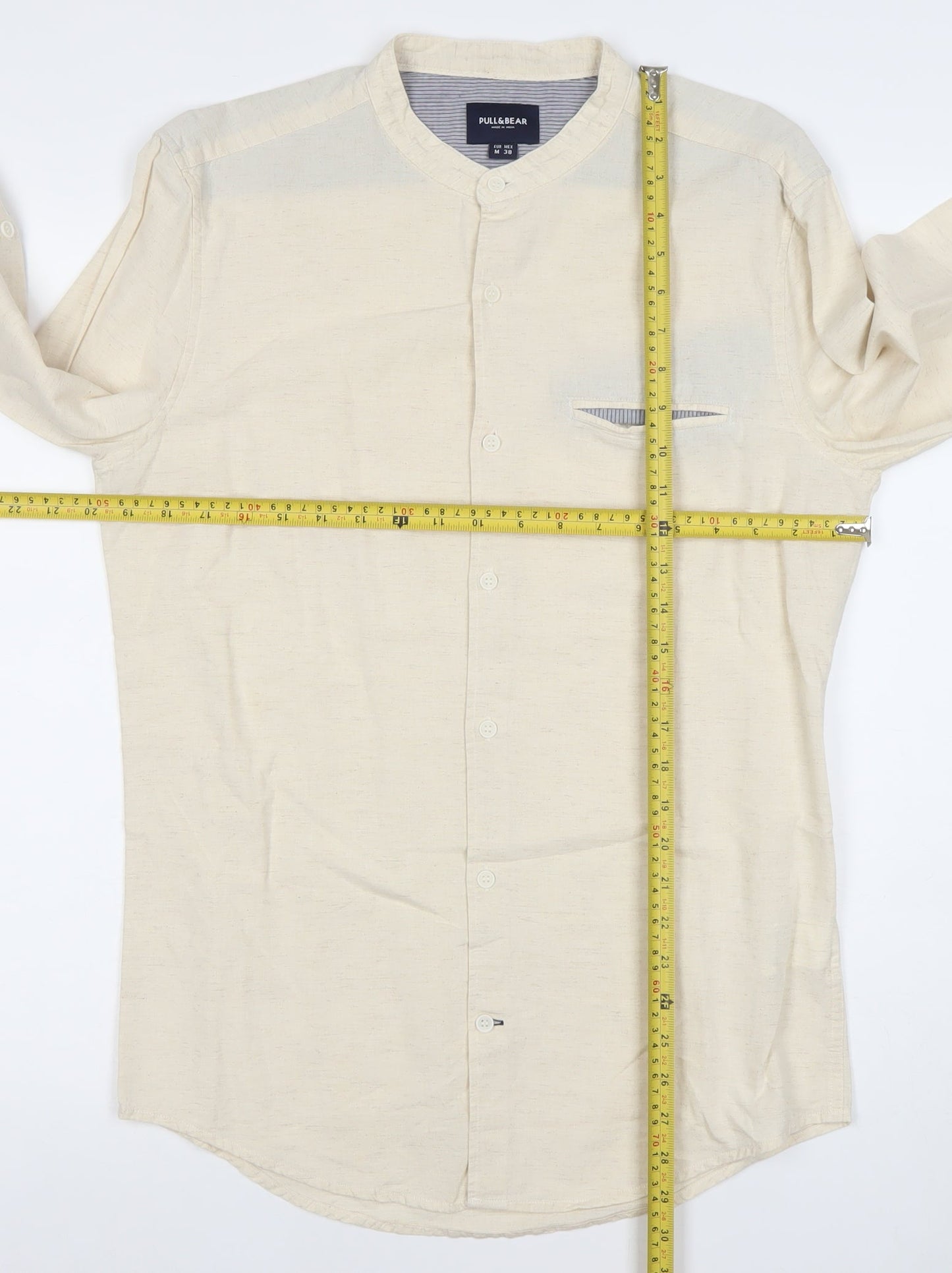 Pull&Bear Men’s Beige Band Collar Long Sleeve Cotton Linen Shirt M 38