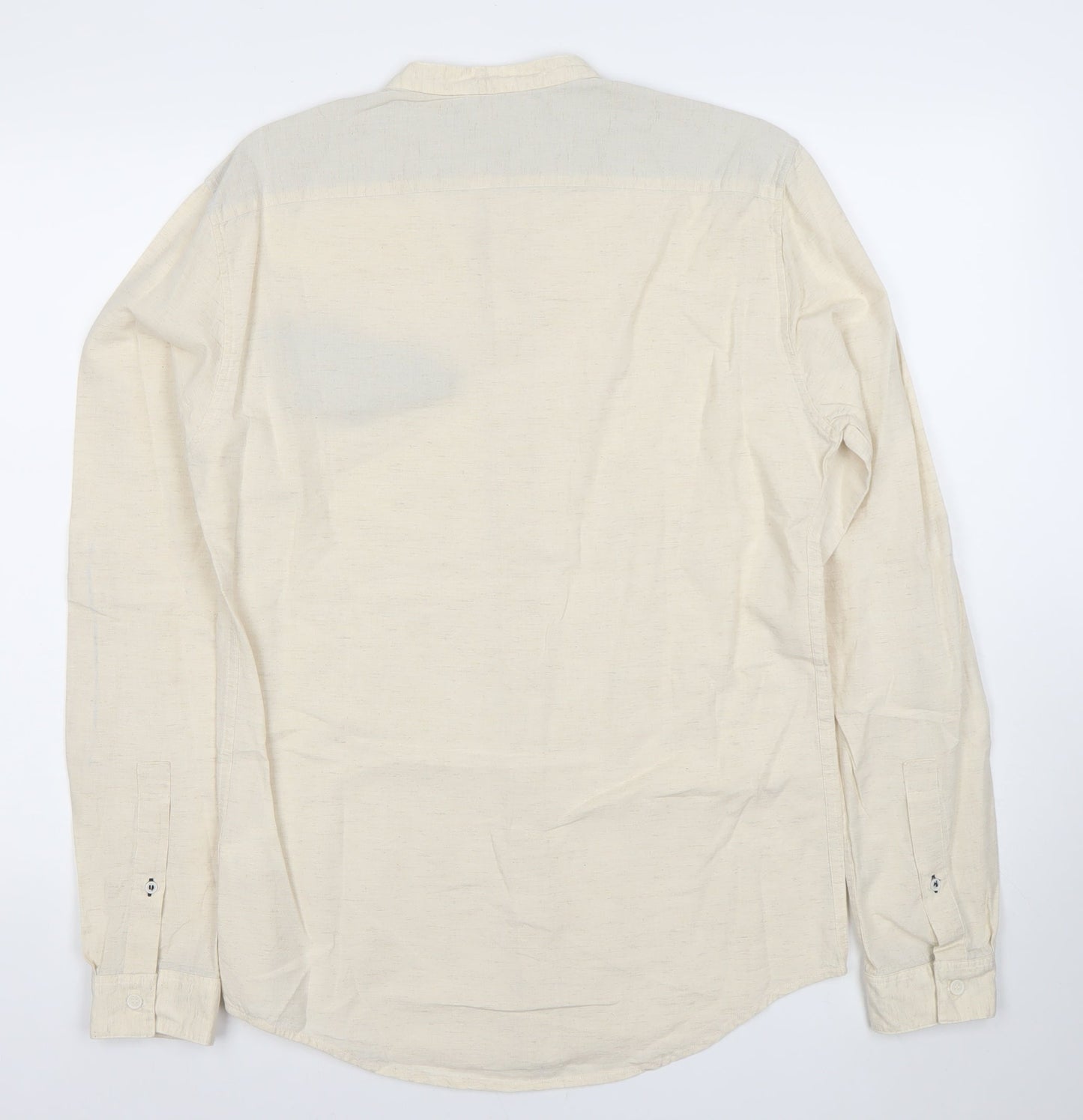 Pull&Bear Men’s Beige Band Collar Long Sleeve Cotton Linen Shirt M 38