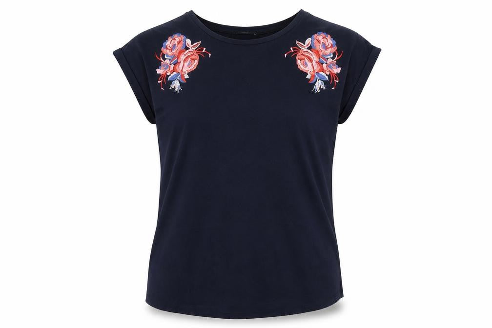 Front view of Dunnes women’s blue embroidered floral cotton t-shirt m
