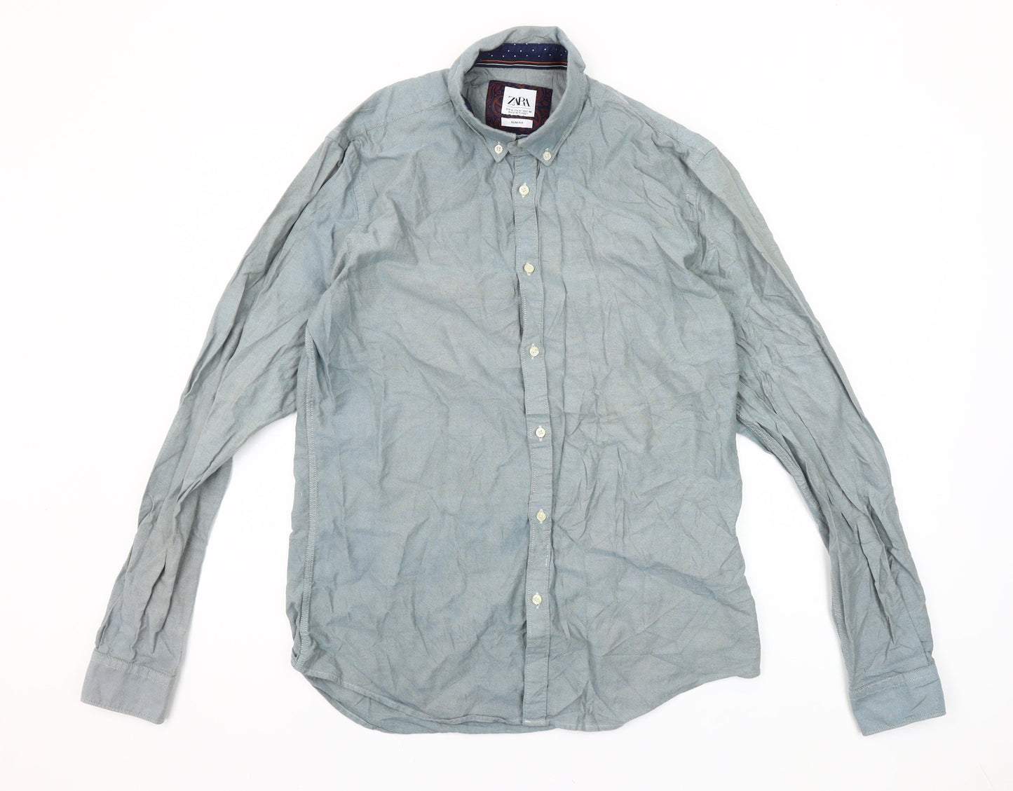 Zara Men's Grey Slim Fit Button-Up Long Sleeve Shirt M