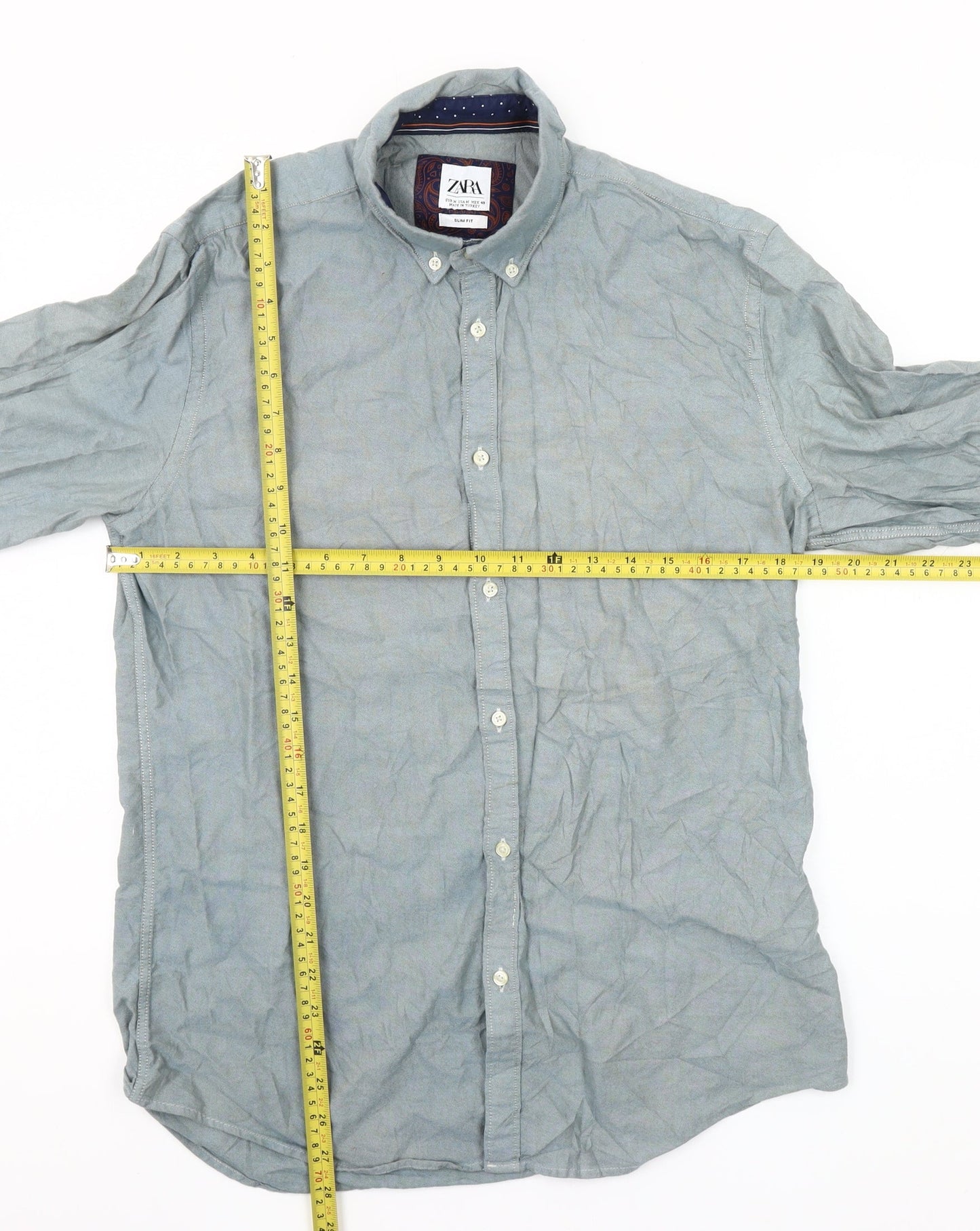 Zara Men's Grey Slim Fit Button-Up Long Sleeve Shirt M