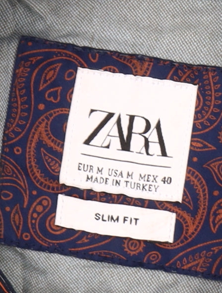 Zara Men's Grey Slim Fit Button-Up Long Sleeve Shirt M