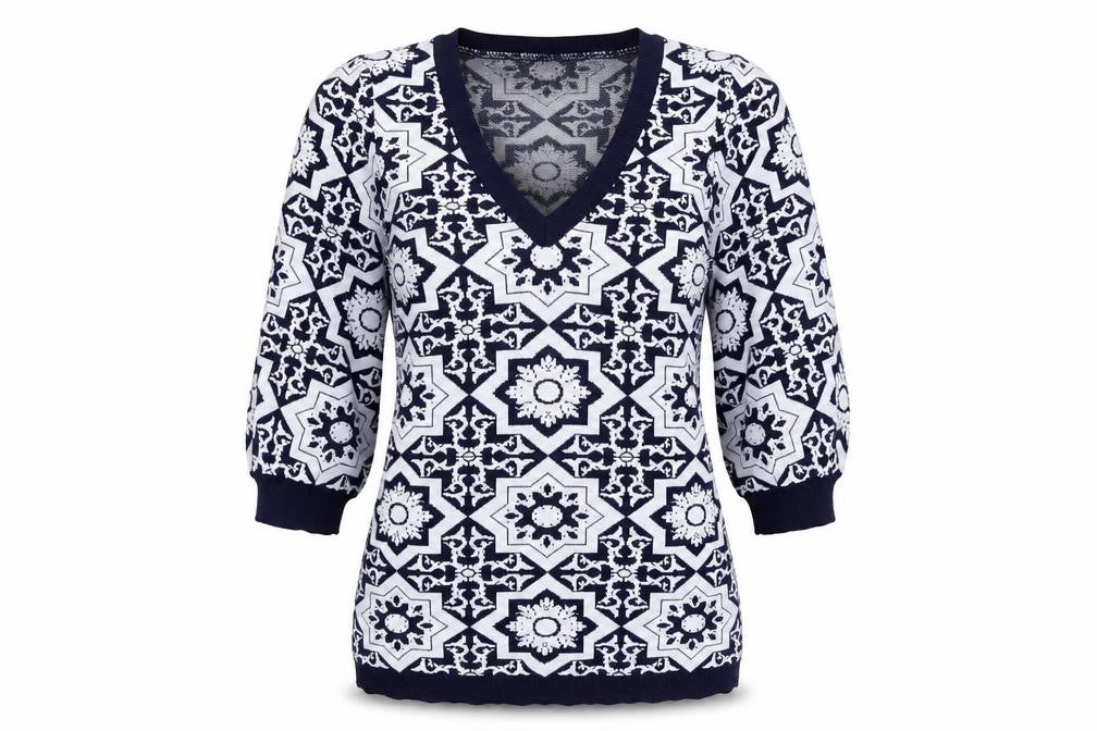 Gallery Women’s Blue XS Geometric V-Neck Knit Pullover Jumper