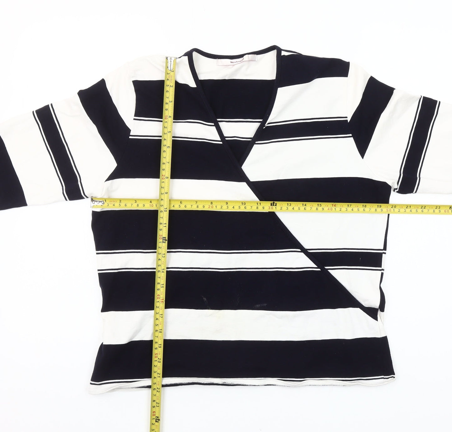 Westerlind Women’s Black White Striped Wrap Blouse XL 3/4 Sleeve