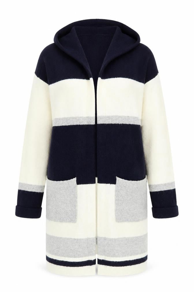 Savida Womens XS Blue Grey White Hooded Striped Open Front Cardigan Jumper