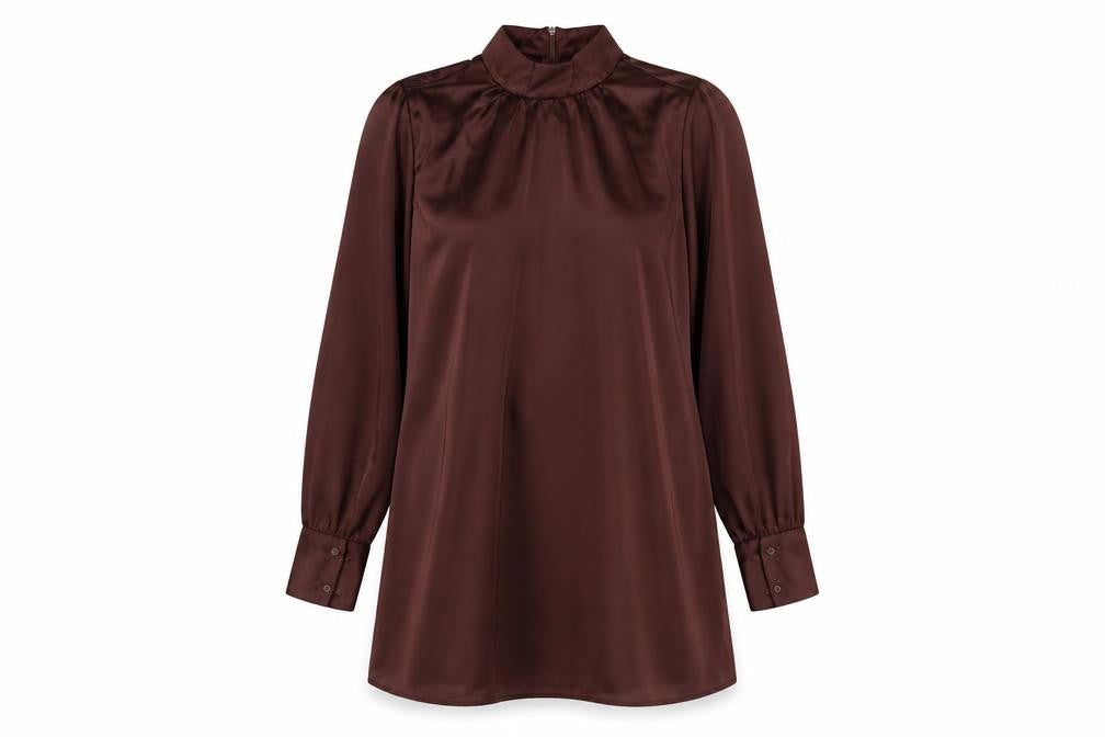 H&M Women Brown Satin Shift Dress Size 8 Long Sleeve High Neck