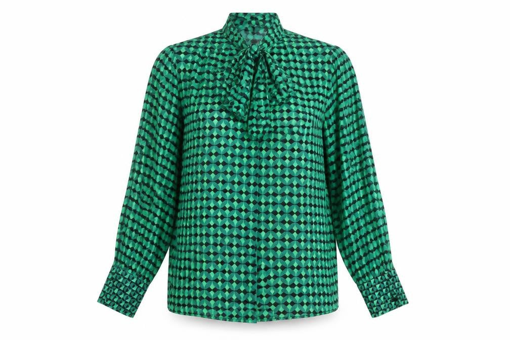 Dunnes Womens Green Geometric Bow Neck Long Sleeve Blouse M