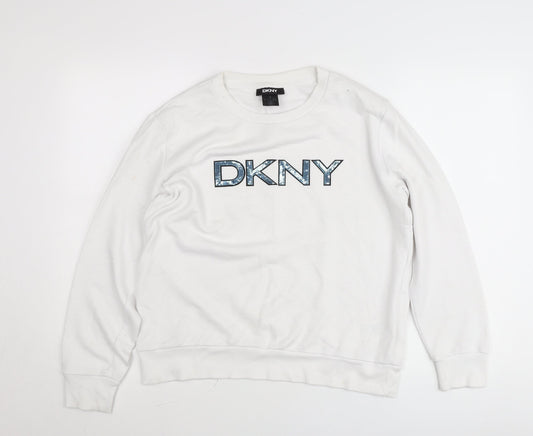 DKNY Womens White Small Logo Pullover Cotton Sweatshirt Jumper