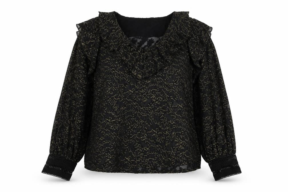 Rowen Avenue Womens Black Gold Ruffle Sheer Blouse Size M