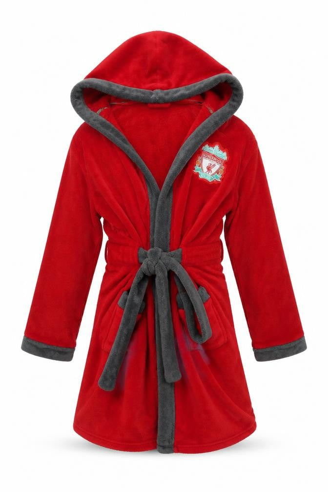 Front view of Liverpool FC boys’ red hooded wrap robe 10-11 years fleece football fanwear