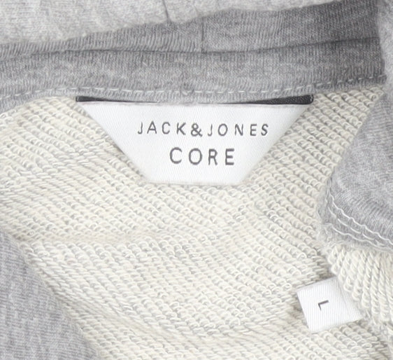 Jack & Jones Mens Grey Pullover Hoodie L Graphic Logo Cotton Blend