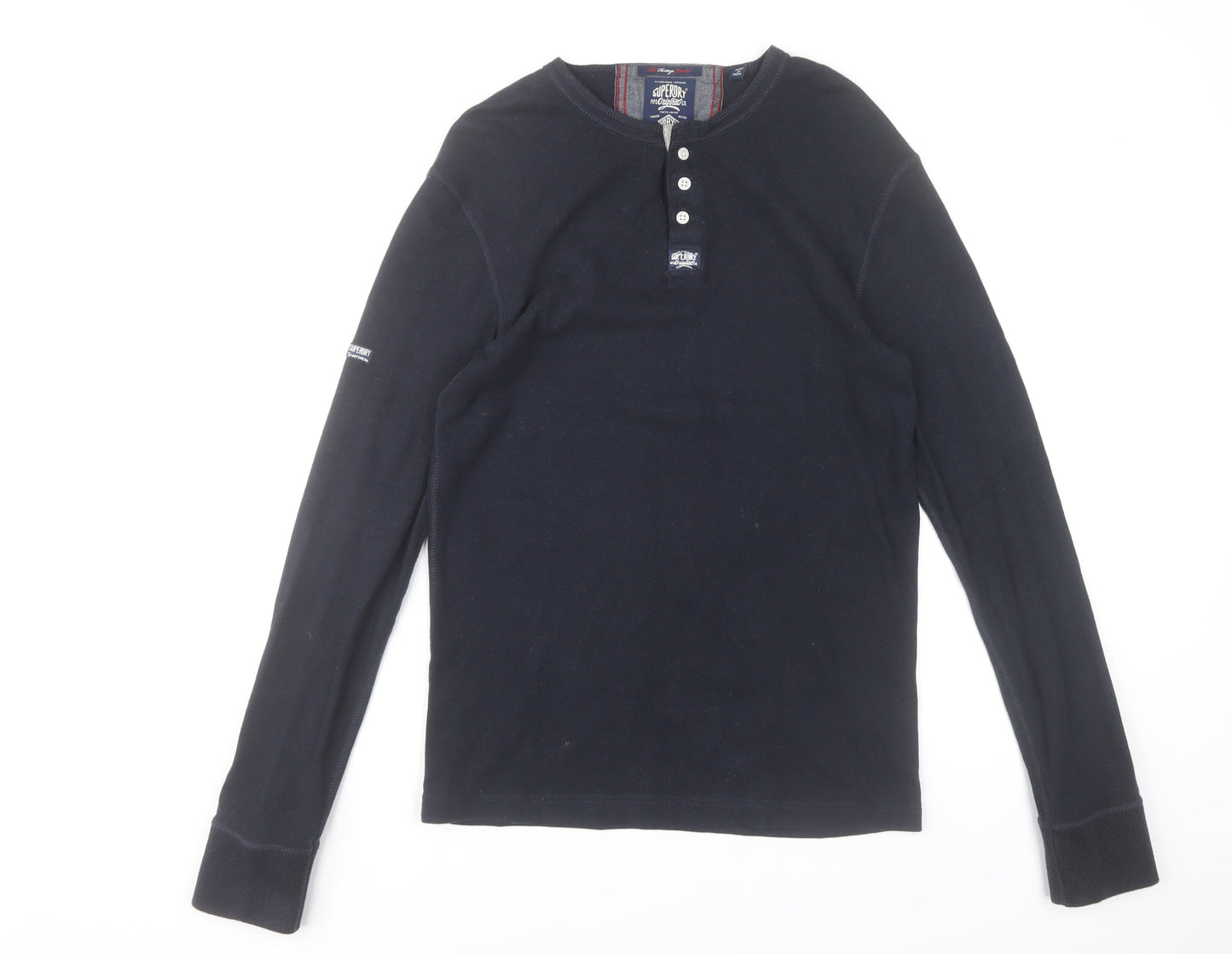Superdry Men's Black Long Sleeve Henley T-Shirt Size L Cotton