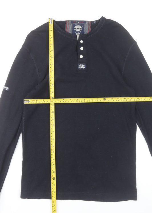 Superdry Men's Black Long Sleeve Henley T-Shirt Size L Cotton