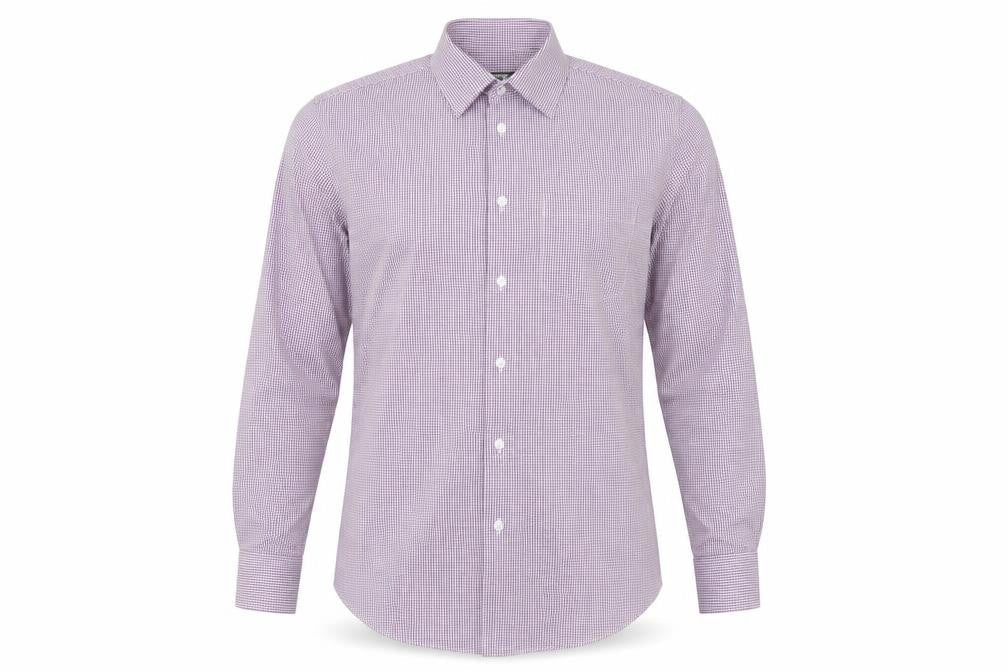 Front view of Dunnes Men’s Purple Check Long Sleeve Dress Shirt 15in Collar