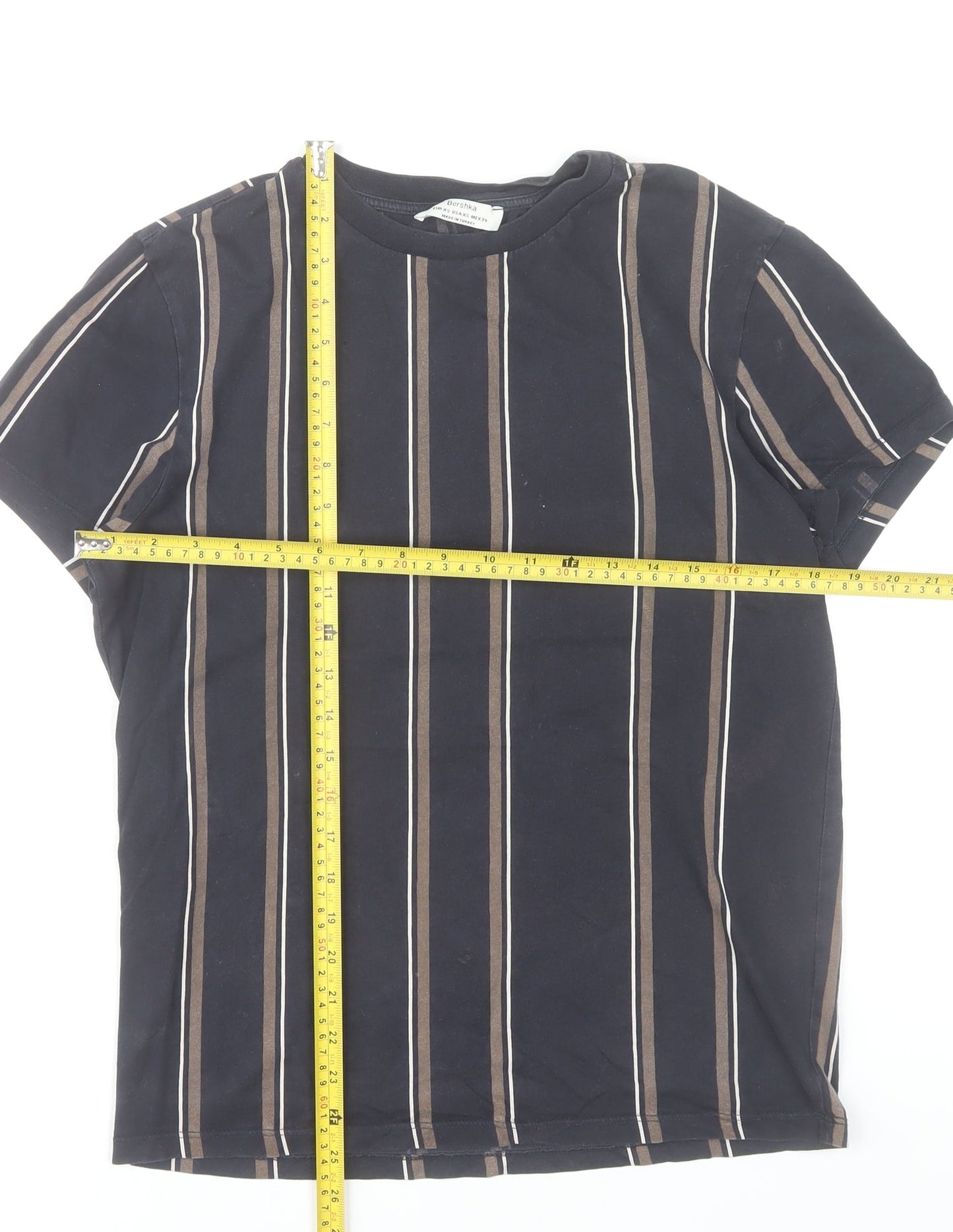 Bershka Men's Black Striped Cotton Crew Neck T-Shirt XS
