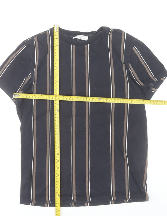 Bershka Men's Black Striped Cotton Crew Neck T-Shirt XS